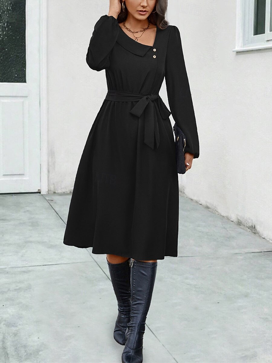 Women's Casual Dress Midi Dress Buttons Belted Casual V Neck Long Sleeve Black Color 2025 - $35.99 –P1