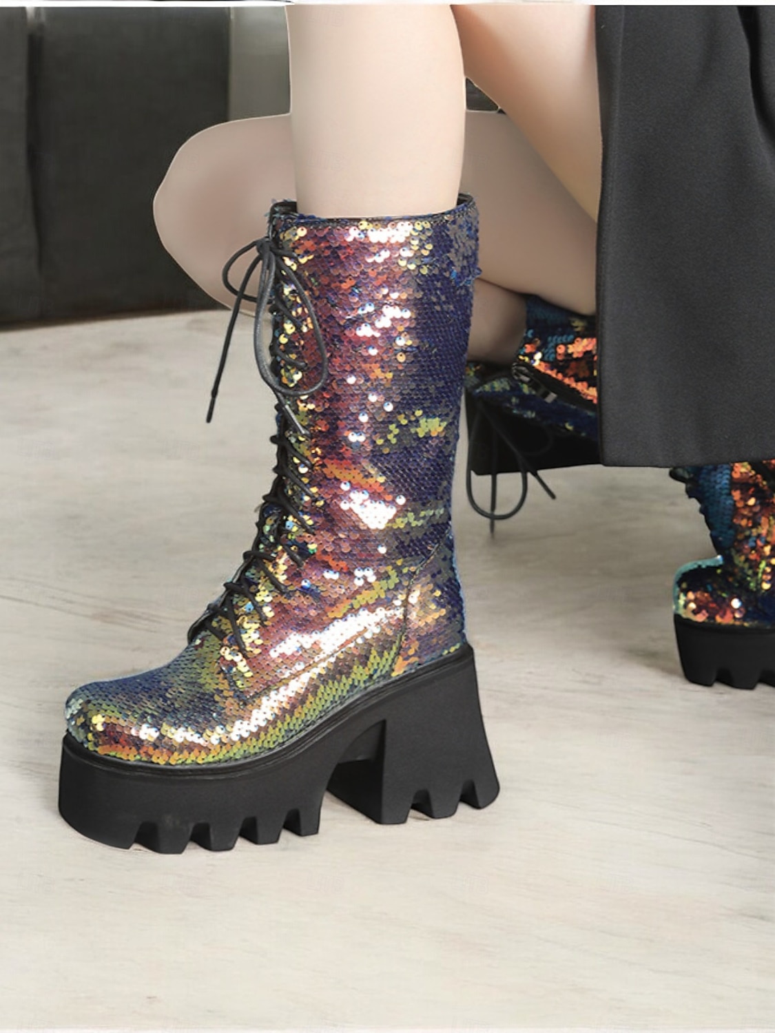 Botas de plataforma con cordones y lentejuelas para mujer: botas de tacón grueso brillantes en verde y azul para fiestas, festivales y cosplay 2025 - $84.99 –P9
