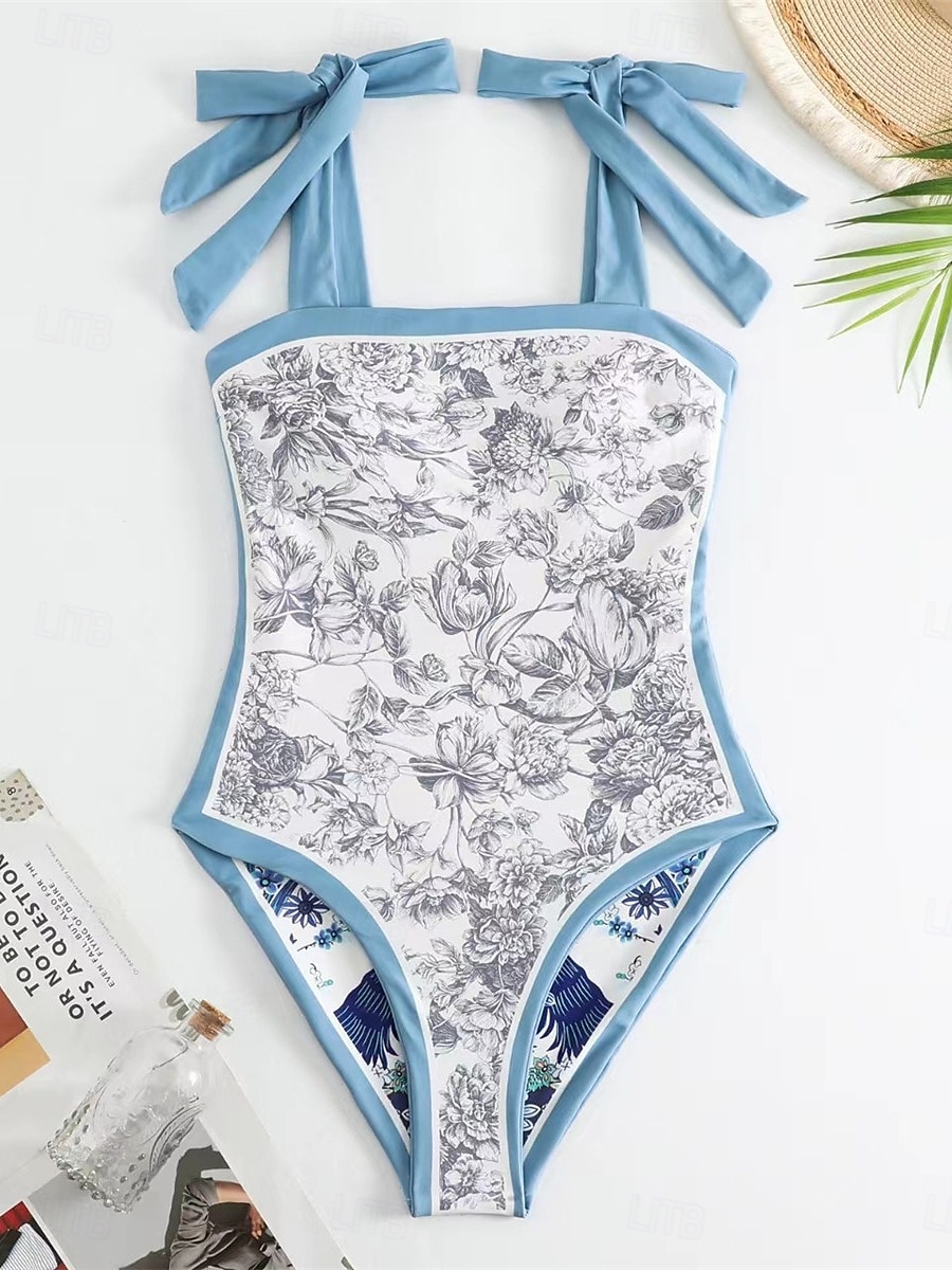 Dam Badkläder En bit Monokini Kjol Baddräkt Öppen rygg Magkontroll Hög midja Smal Semester Standkläder Blommig Halterneck Ärmlös Baddräkter 2025 - $52.99 –P6
