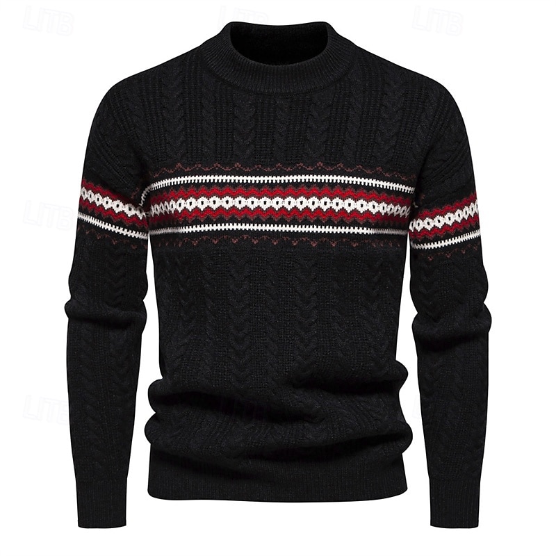 Men's Pullover Sweater Jumper Knit Sweater Fair Isle Pullover Sweater Ribbed Cable Knit Regular Knitted Color Block Crew Neck Fashion Basic Daily Wear Date Clothing Apparel Fall & Winter Black White 2025 - $42.99 –P1