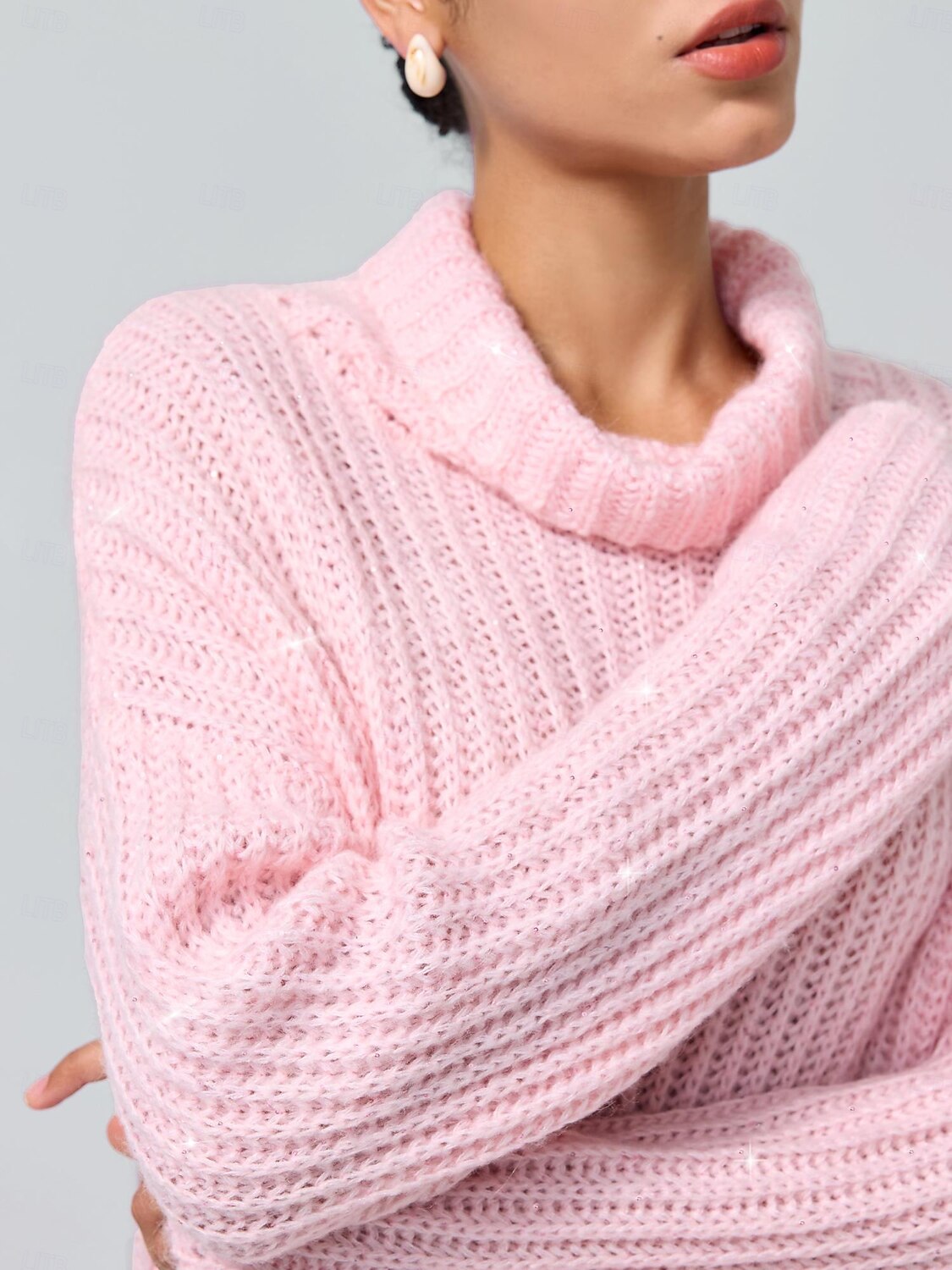 Dame Genser Rullekrage Riflet Strikke Ull Polyester Nylon Paljetter Drop Shoulder Vinter Fritid / hverdag Strikketøy Daglig Fritid Langermet Helfarge Rosa S M L 2025 - $72.99 –P2