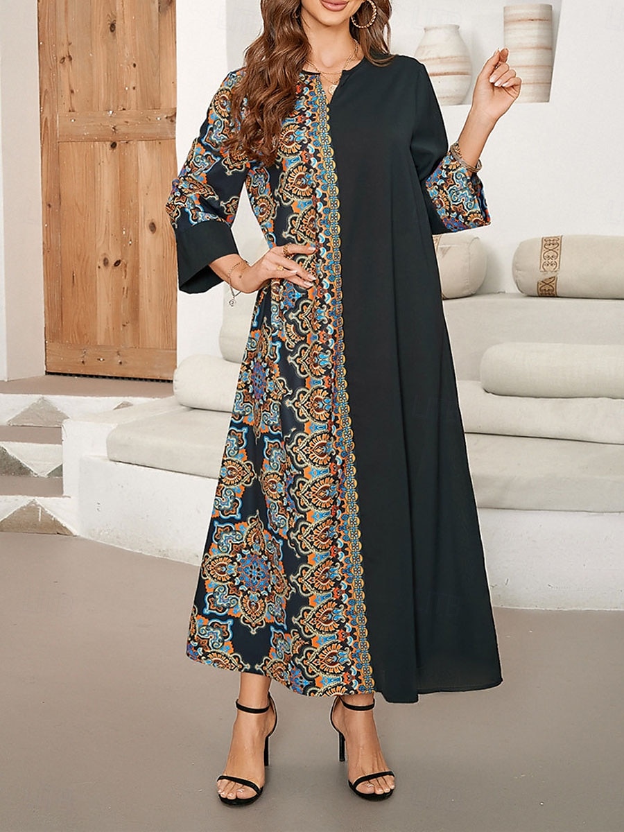 Femme Robe Maxi Robe casual Robe Caftan robe boheme Décontractées du quotidien Standard Géométrique Manches 3/4 Col cranté Noir Printemps Automne de 2025 ? $30.99 –P6