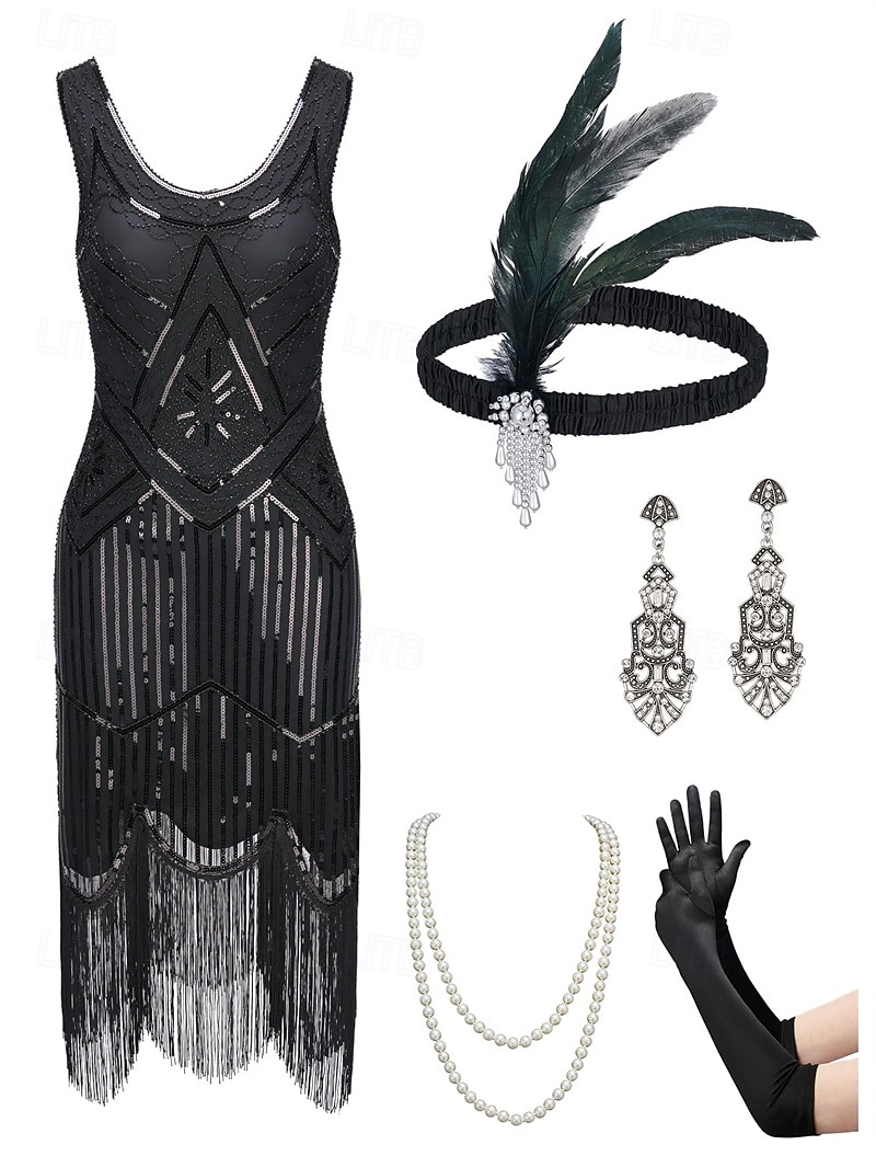 Roaring 20s 1920s Knee Length Flapper Dress Outfits Cocktail Dress Sleeveless The Great Gatsby Flapper Girl Wedding Guest Sequins Feather Fringe Scoop Neck Fancy Dress Women's Carnival Costume 7 PCS 2026 - $83.99 –P1