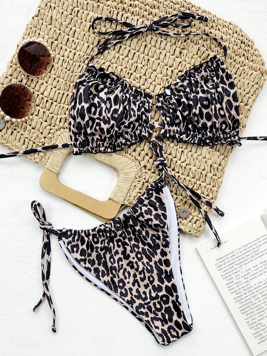 Women's Swimwear Bikini 2 Piece Cheeky Swimsuit Backless Slim Vacation Beach Wear Solid Color Leopard Halter Neck Sleeveless Bathing Suits 2025 - $26.99 –P4