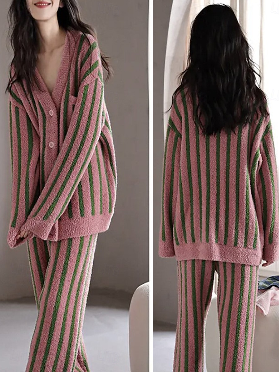 Women's Pajamas 2 Pieces Graphic Warm Fashion Home Sherpa Warm V Neck Long Sleeve Cardigan Pant Fall Winter Home Outfits 2025 - $66.99 –P4
