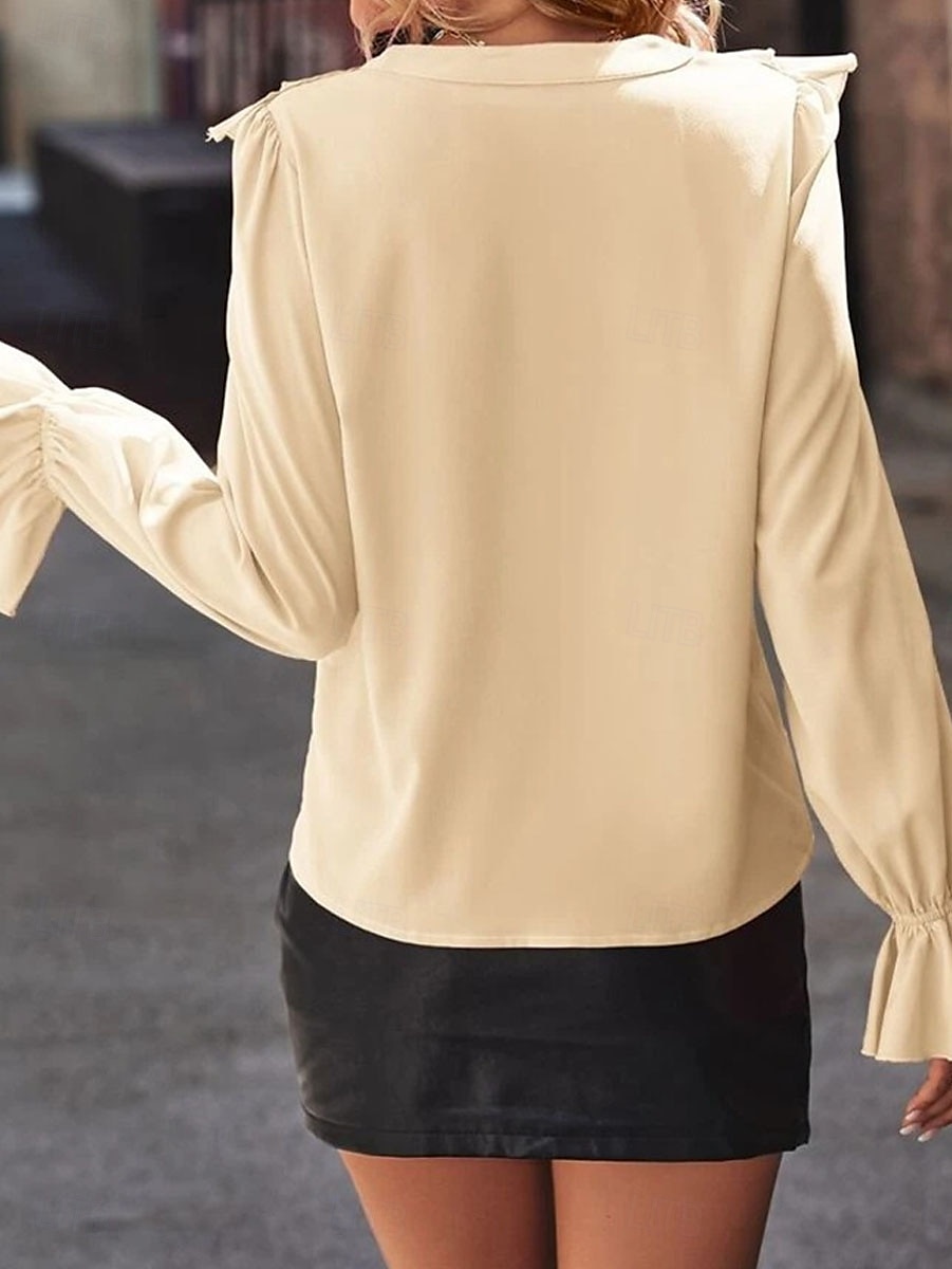 Damen Hemd Bluse Feste Farbe Basic Brautkleider schlicht Langarm V Ausschnitt Normale Oberteile Täglich Rüsche Beige Herbst Winter 2025 - $24.99 –P2