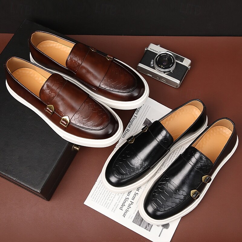 bruna loafers i konstläder för män med dubbla spännband, krokodilmönster och vit sula – snygga vardagsskor för kontor eller högtidliga tillfällen 2025 - $46.99 –P2