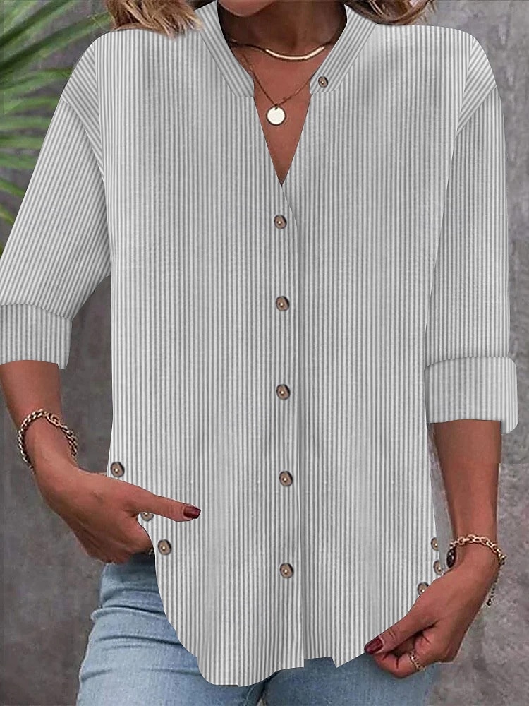 Women's Shirt Blouse Striped Basic Casual Long Sleeve Bishop Sleeve V Neck Regular Tops Daily Patchwork Buttons Pink Blue Gray Fall Winter 2025 - $29.99 –P2