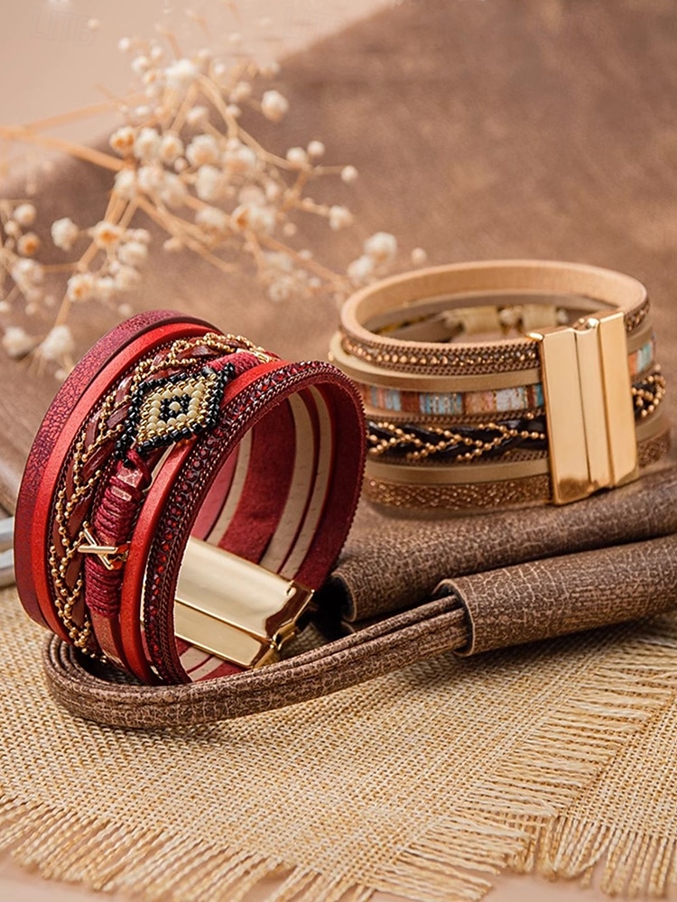 boho koralikowa wielowarstwowa skórzana bransoletka – modna damska bransoletka z zapięciem magnetycznym do swobodnych i boho stylizacji 2025 - $11.99 –P4
