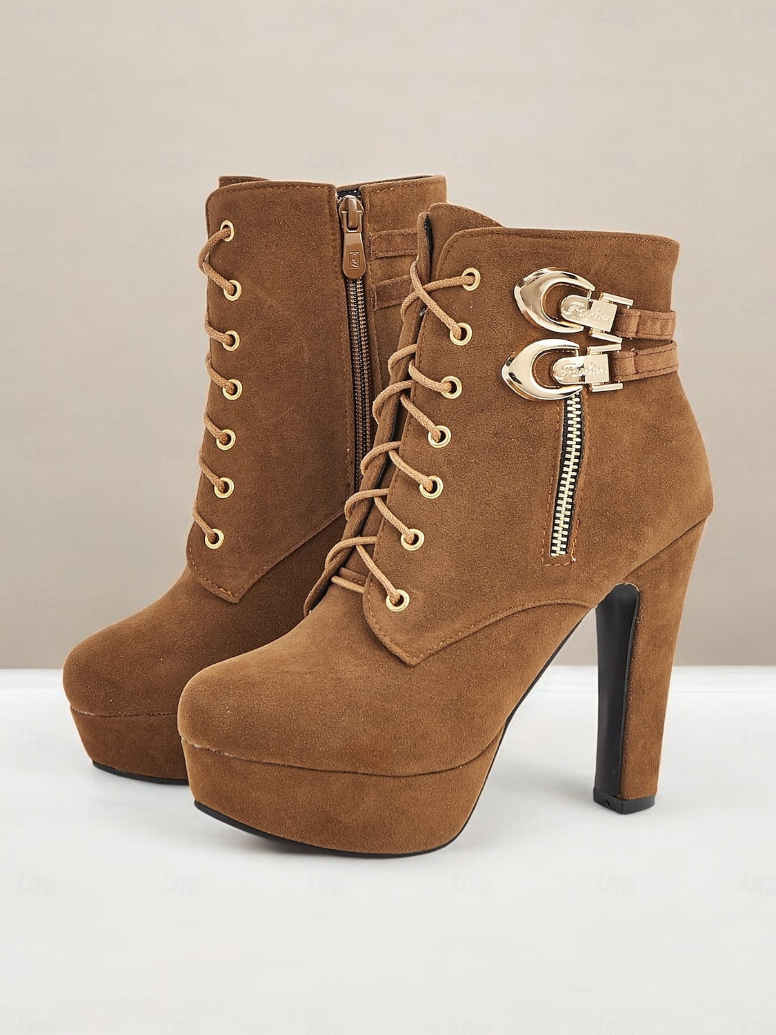 bottines en daim marron pour femmes - modèle à lacets avec boucle dorée et détails zippés, chaussures à talons hauts à plateforme pour des looks décontractés et de fête élégants de 2025 ? $46.99 –P5