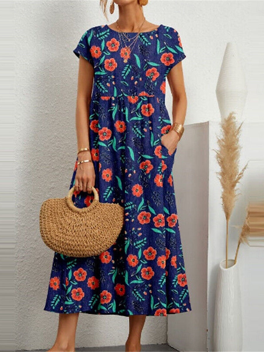Dam Maxiklänning Vardagsklänning Swingklänning Boho-klänning Vintage Ledigt Dagligen Normal Blommig Färgblock Kortärmad Rund hals Gul Rubinrött Blå Sommar Vår Höst 2025 - $35.99 –P4