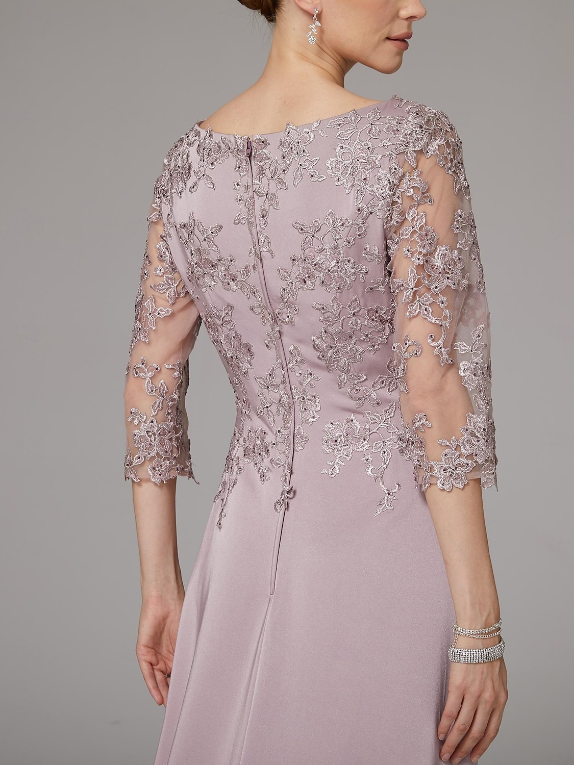 Sukienka sheath na plażę Sukienka matki panny młodej Elegancka Dekolt bateau Długość do podłogi Satyna 3/4 długości rękaw z aplikacjami koronkowymi 2025 - $186.99 –P6