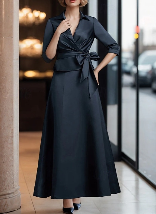 Vestido em Dois Peças A-Line Mãe da Noiva Vestido Tuxedo Elegante Simples Decote em V Comprimento de Tornozelo Cetim Manga 3/4 com Faixa  fita Pregas Cor Sólida Vestido Derby Vestido para o Dia da de 2025 por $176.99 –P1
