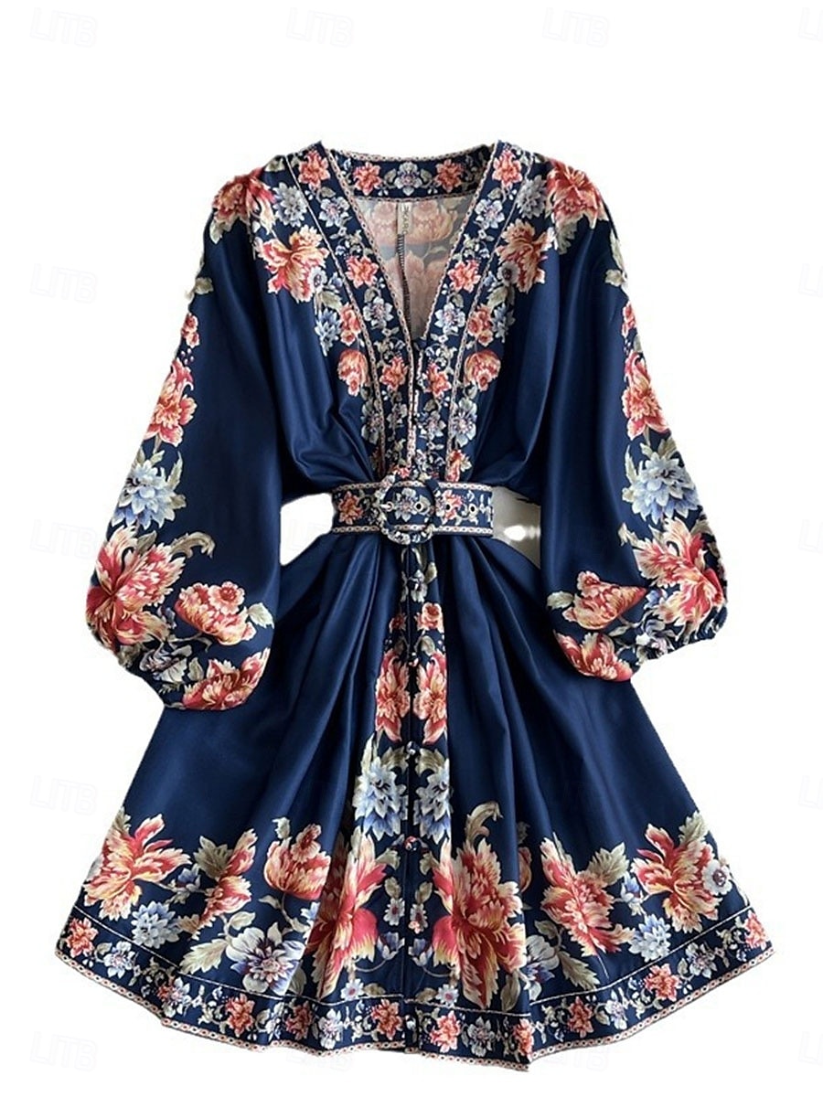 Femme Robe mi-longue Robe casual Robe Évasée Robe Trapèze robe boheme Rétro Vintage Décontractées du quotidien Standard Floral manche longue Col V Bleu de minuit Beige Printemps Automne de 2025 ? $74.99 –P2