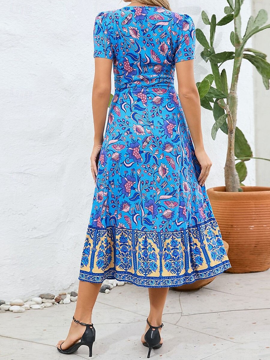 Dame Midikjole Uformell kjole Swingkjole Kjole med A-linje Boho-kjole Bohem Fritid Daglig Normal Blomstret Kortermet V-hals Rød Blå Fuksia Sommer Vår 2025 - $46.99 –P2