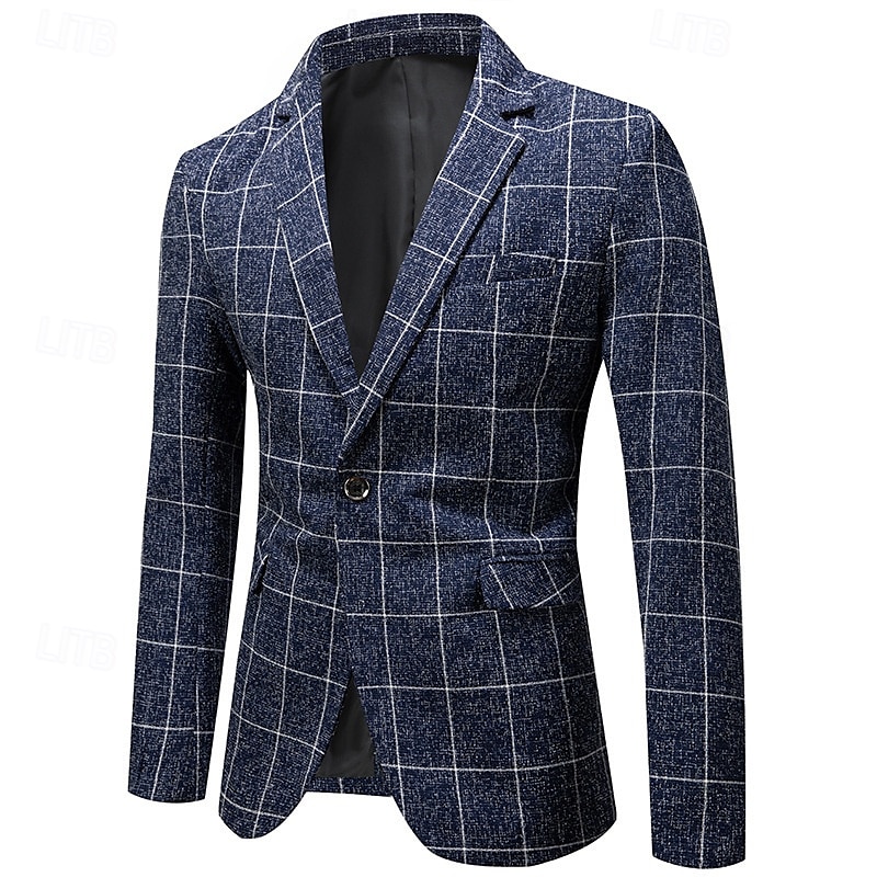 Men's Blazer Business Cocktail Party Wedding Party Fashion Casual Spring &  Fall Polyester Plaid Buttons Pocket Comfortable Single Breasted Blazer Black White Navy Blue Gray 2025 - $58.99 –P6