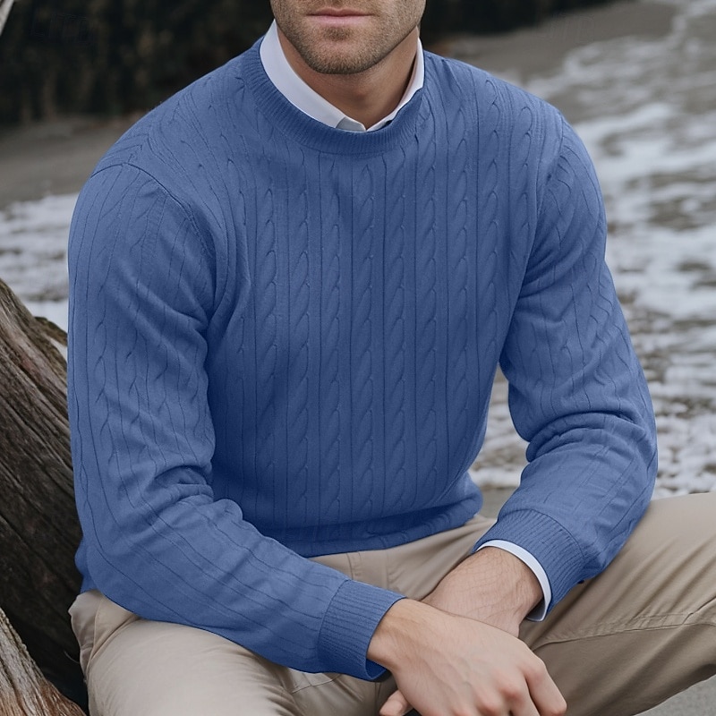 Men's Sweater Pullover Sweater Jumper Cable Knit Sweater Cable Knit Regular Classic Style Knitted Solid Color Round Neck Modern Contemporary Work Daily Wear Clothing Apparel Fall Winter Black White S 2026 - $26.99 –P5