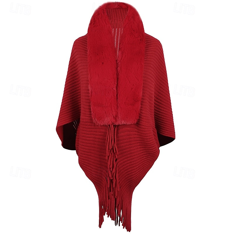 scialle largo, scialle largo spesso da donna lavorato a maglia, scialle invernale con collo in pelliccia e frange del 2025 a $37.99 –P2