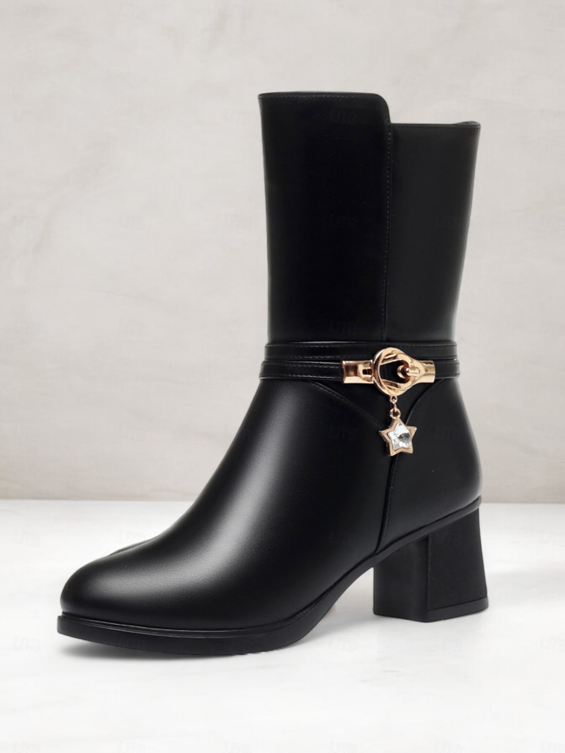 Schwarze Winterstiefeletten aus Kunstleder mit Fellfutter für Damen mit Blockabsatz und Sternenanhänger – elegantes und warmes Schuhwerk für kaltes Wetter 2025 - $54.99 –P7