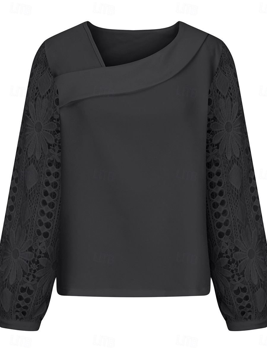 Damskie Białe Eleganckie Koronkowe Topu Bluzka Oka Casual Jednolity Kolor Regularne Topu Długi Rękaw Asymetryczna Koronka Łaty Regular Fit Codzienne Czarne Białe Różowe Romantyczne Petit Topy Letnie 2025 - $29.99 –P13