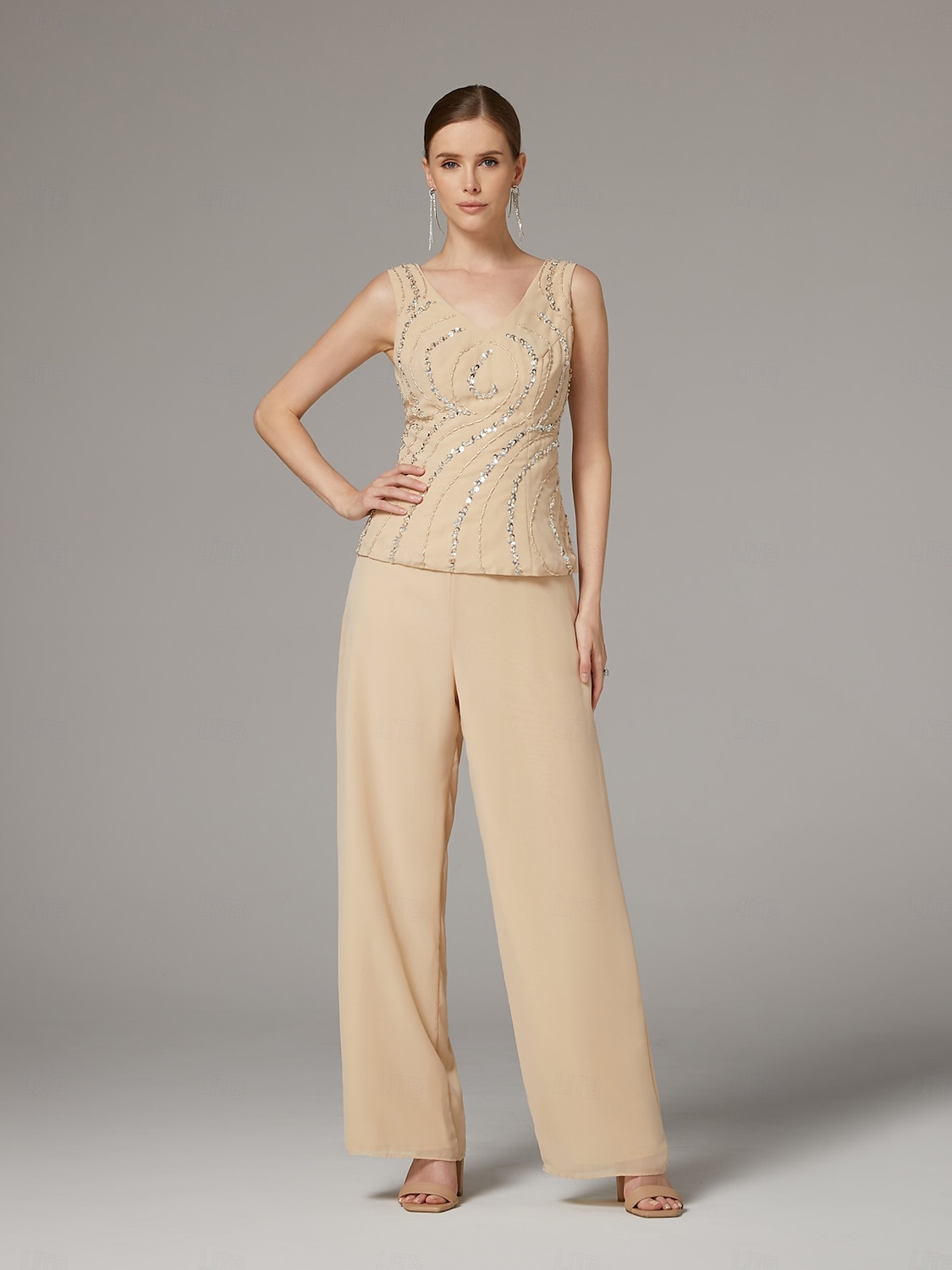 Combination  Pantalon Mère de la Mariée  Ensemble de 3 Pièces de Mariage à la Plage Élégante Luxueuse Col en V Longueur de Sol Chiffon Dentelle Sans Manches Enveloppement Inclus avec Broderies Sequin de 2025 ? $179.99 –P4