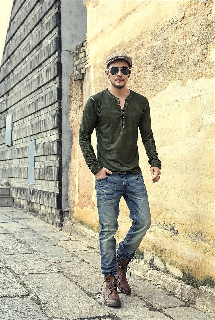Men's Henley Shirt Tee Top Long Sleeve Shirt Plain Henley Street Vacation Long Sleeve Clothing Apparel 100% Cotton Vintage Fashion Basic 2025 - GBP £17 –P8