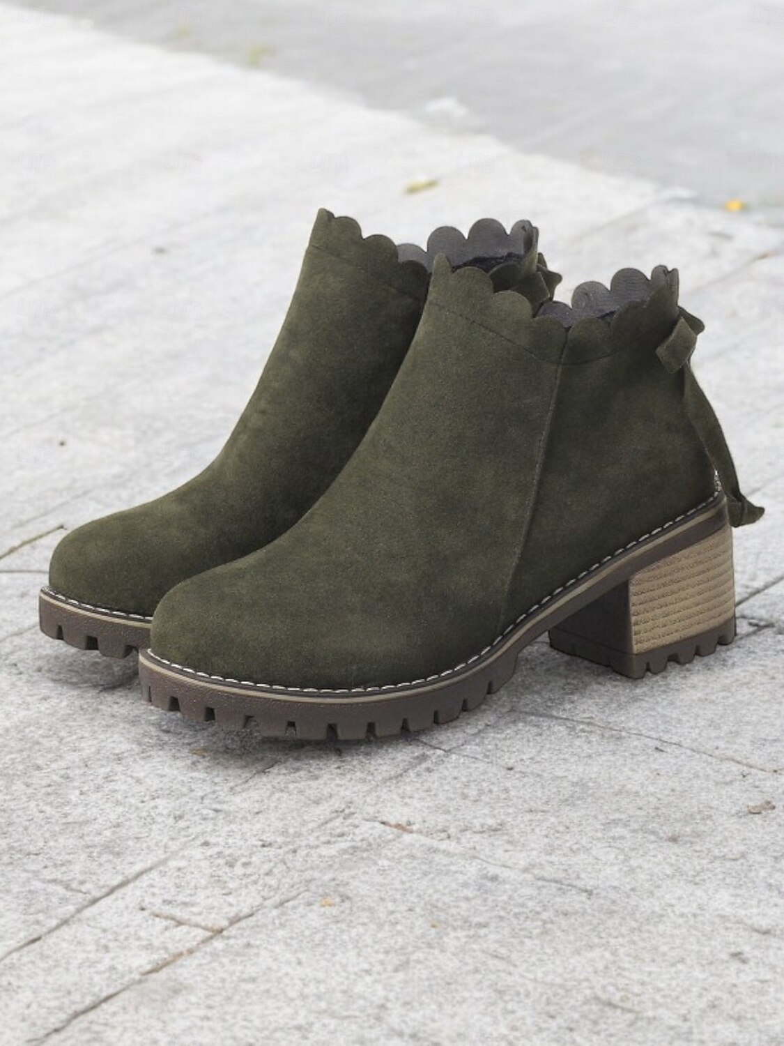 braune Wildlederstiefeletten für Damen mit gewelltem Rand und Blockabsatz – lässiger Vintage-Stil für jeden Tag 2025 - $54.99 –P1