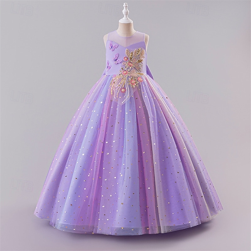 Blomsterpikekjole Barn Jente Prinsesse kjole Ytelse Bryllup Fest Elegant Vakker Netting Regnbue Ermeløs Crew-hals Rosa Blå 4 år + 2025 - $43.99 –P3