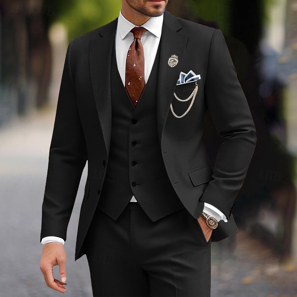 De los hombres Boda Ropa de fiesta de noche Trajes Negro Burdeos Negocios Formal Color sólido Estándar Juego de 3 piezas Recto 2 botones 2025 - $122.99 –P6