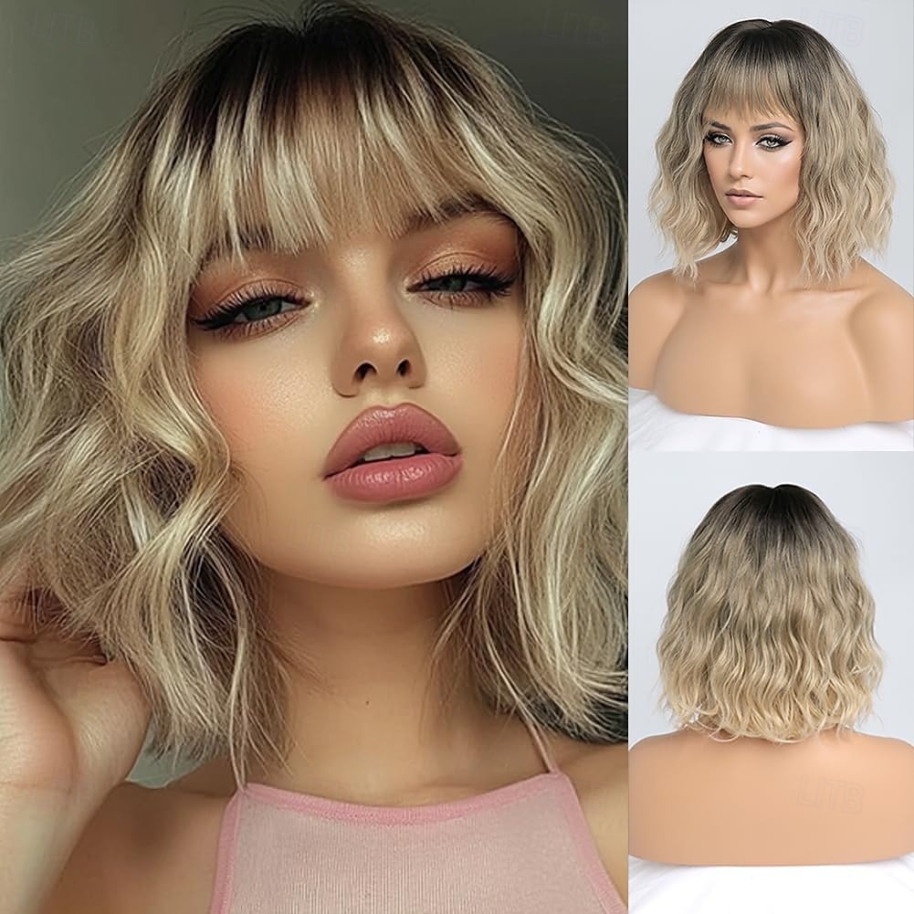 parrucche per donne parrucca corta ondulata con frangia parrucca con radici scure lunghezza media capelli sintetici naturali per feste quotidiane &amplificatore cosplay del 2025 a $18.49 –P1