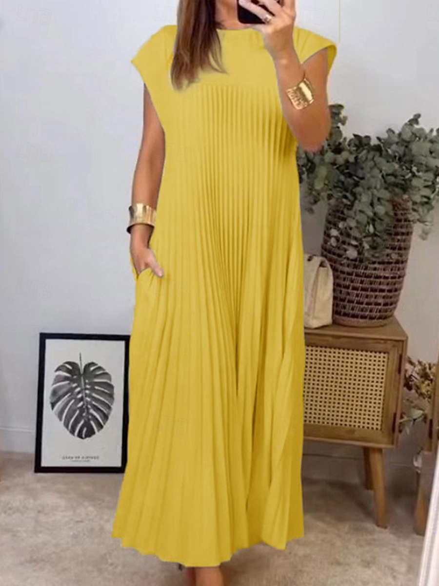 Women's Maxi Dress Casual Dress Solid Color Fashion Streetwear Party Office Daily Pleated Sleeveless Crew Neck Dress Regular Fit Black Yellow Beige Summer S M L XL XXL 2025 - $41.99 –P5