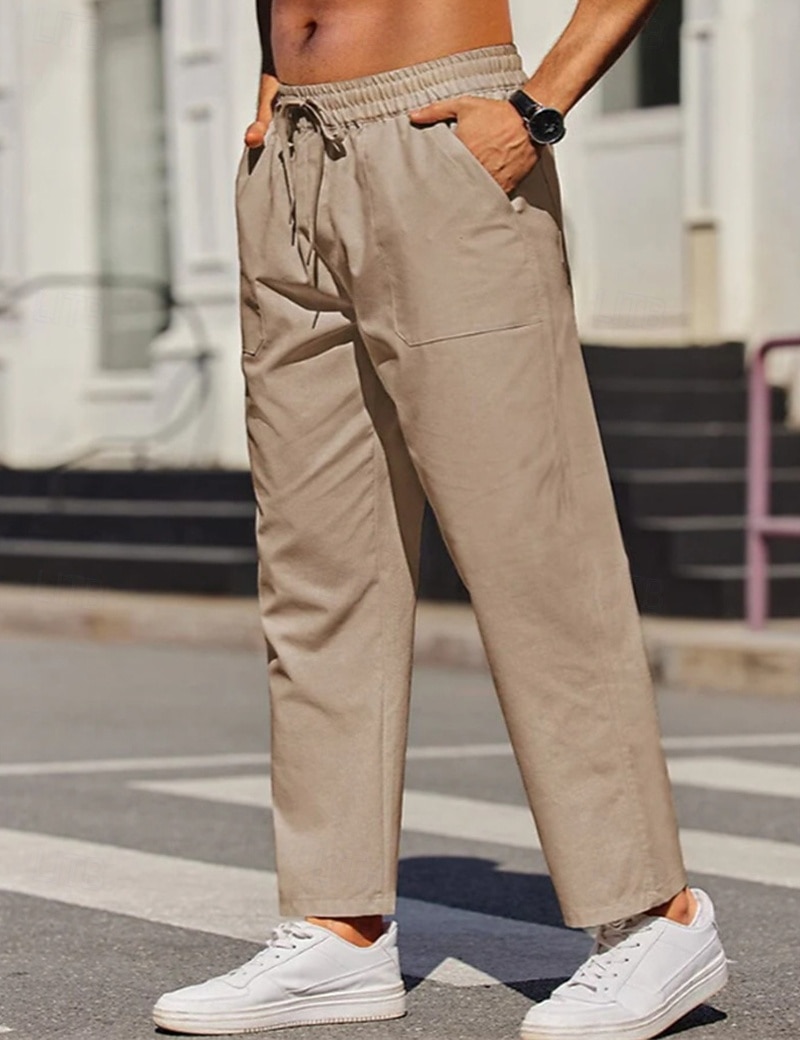 Hombre Pantalones de lino Pantalones Pantalones de verano Correa Cintura elástica Pierna recta Plano Comodidad Transpirable Longitud total Exterior Casual Diario Moda Negocios Negro Blanco 2026 - $25.99 –P7