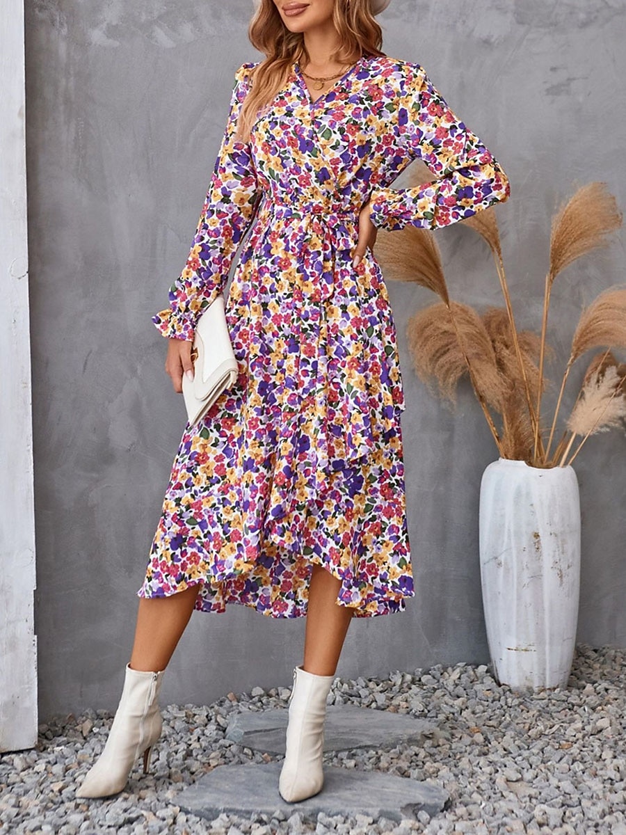 Femme Robe mi-longue Robe casual Robe Évasée Robe Portefeuille Robe Trapèze Décontractées du quotidien Standard Floral manche longue Col V Noir Violet Vert Eté Printemps Automne de 2025 ? $41.99 –P6