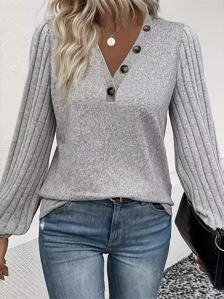 Damen Hemd Bluse Feste Farbe Basic Brautkleider schlicht Langarm V Ausschnitt Normale Oberteile Täglich Knopf Grau Herbst Winter 2025 - $21.99 –P3