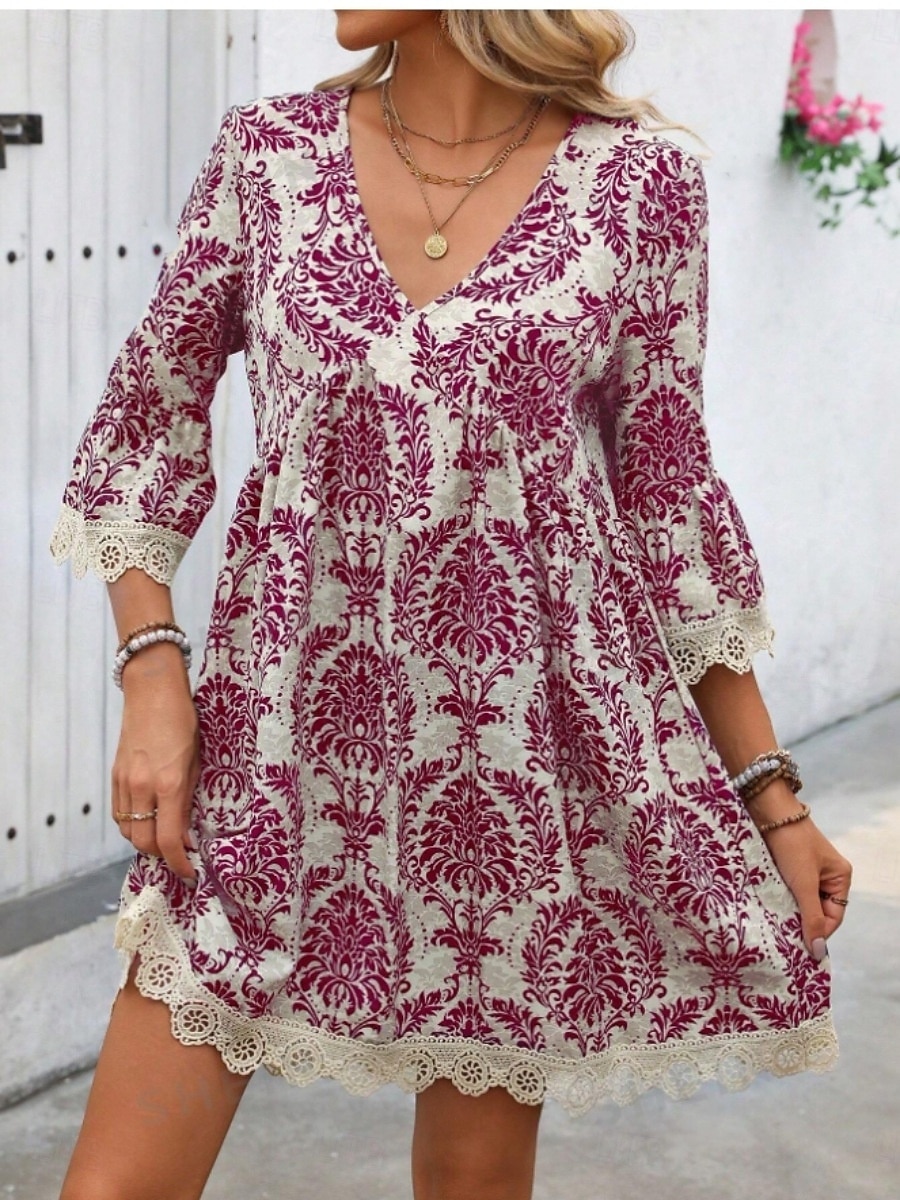 Damen Minikleid Casual kleid Boho-Kleid Brautkleider schlicht Täglich Regular Fit Blumen 3/4 Ärmel V Ausschnitt Wein Blau Grün Sommer Frühling Herbst 2025 - $35.99 –P9