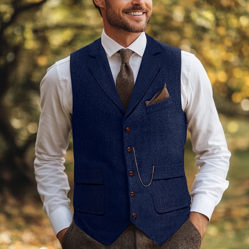 Bruin Grijs Heren Haringbeen Tweed Vest Standaard Pasvorm Notch Enkele Knopen Vijf-knopen 2025 - $37.99 –P6