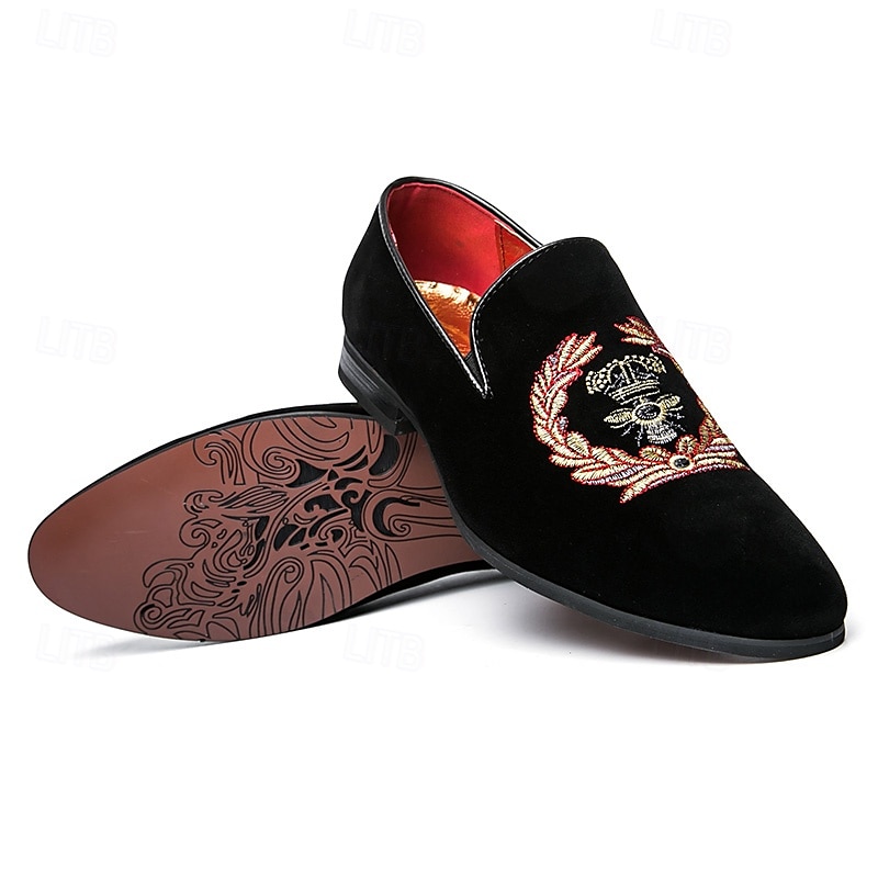 pánské černé sametové vyšívané mokasíny s královským designem koruny – luxusní slip-on společenské boty na formální události a večírky 2025 - $54.99 –P3