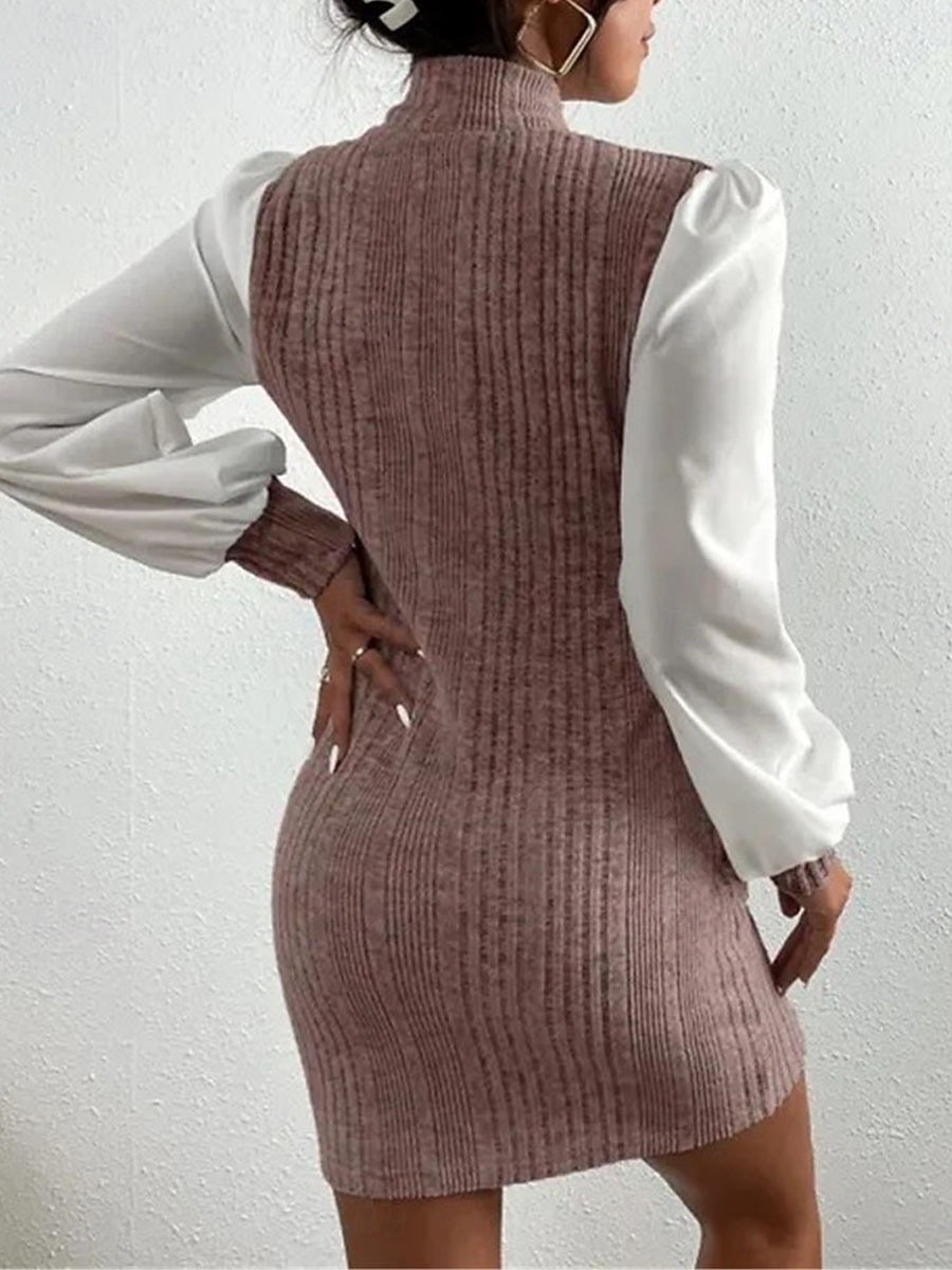 Damen Casual kleid Minikleid Patchwork Brautkleider schlicht Ständer Langarm Braun Beige Farbe 2026 - $33.99 –P8