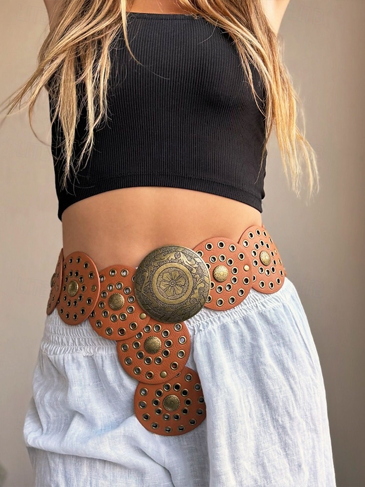 Women's Brown Faux Leather Belt with Perforated Circles and Intricate Metal Buckle - Bohemian Chic Fashion Accessory 2025 - $18.99 –P3