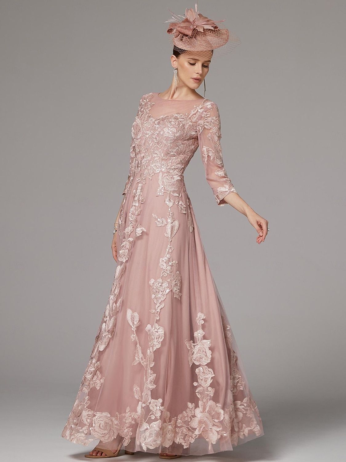 Linea ad A Abito Lunghezza al pavimento Abito da invitata a nozze Abito Formale Abito da sera Abito da cerimonia per signora Manica 3/4 Collo gioiello Elegante Ricevimento di matrimonio Pizzo con del 2026 a $264.49 –P4