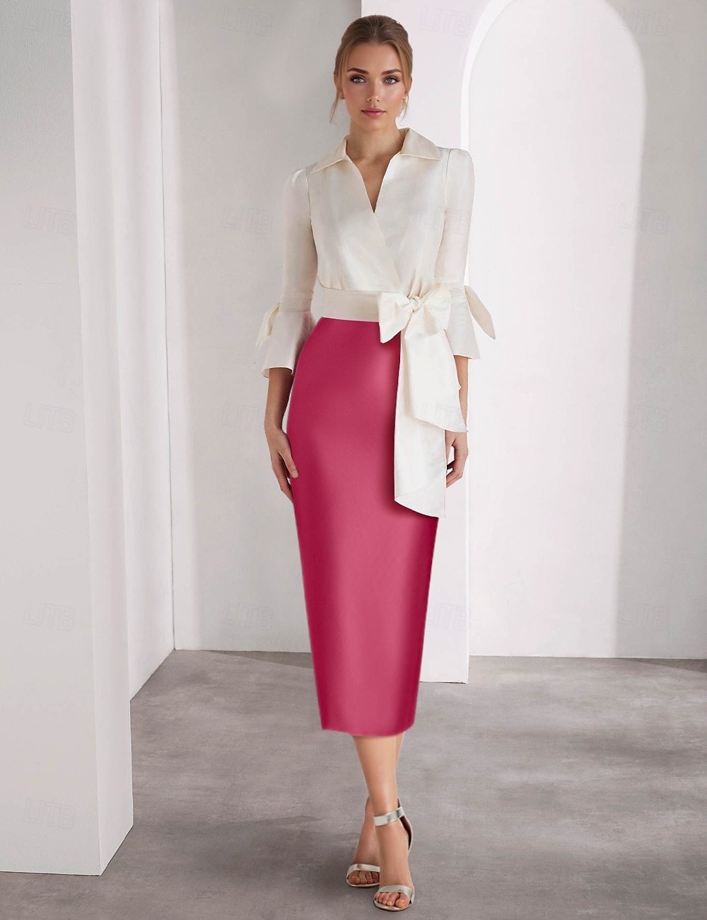 Sukienki koktajlowe typu sheath  kolumnowe plażowe wesele elegancka sukienka formalna Walentynki tea length półrękaw kołnierzyk różowa sukienka satyna z kokardami 2025 - $147.99 –P1