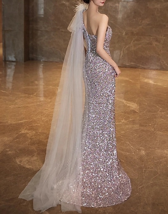 Mermaid Trumpet Sweep Brush Train Prom Dresses Elegant High Split Sleeveless One Shoulder Prom Wedding Tulle with Feather Glitter 2026 - $114.99 –P3