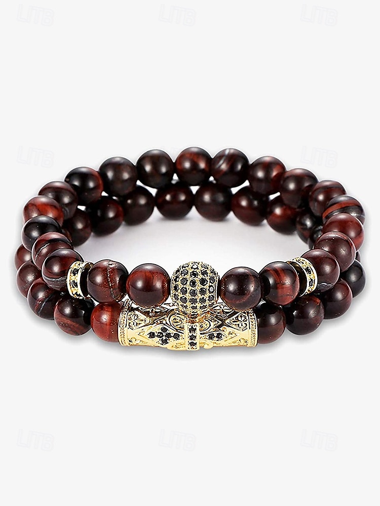 armbandsset för män – röda tigerögonstenar med guldpläterade accenter och svarta kristallinlägg för en elegant look 2025 - $11.99 –P4