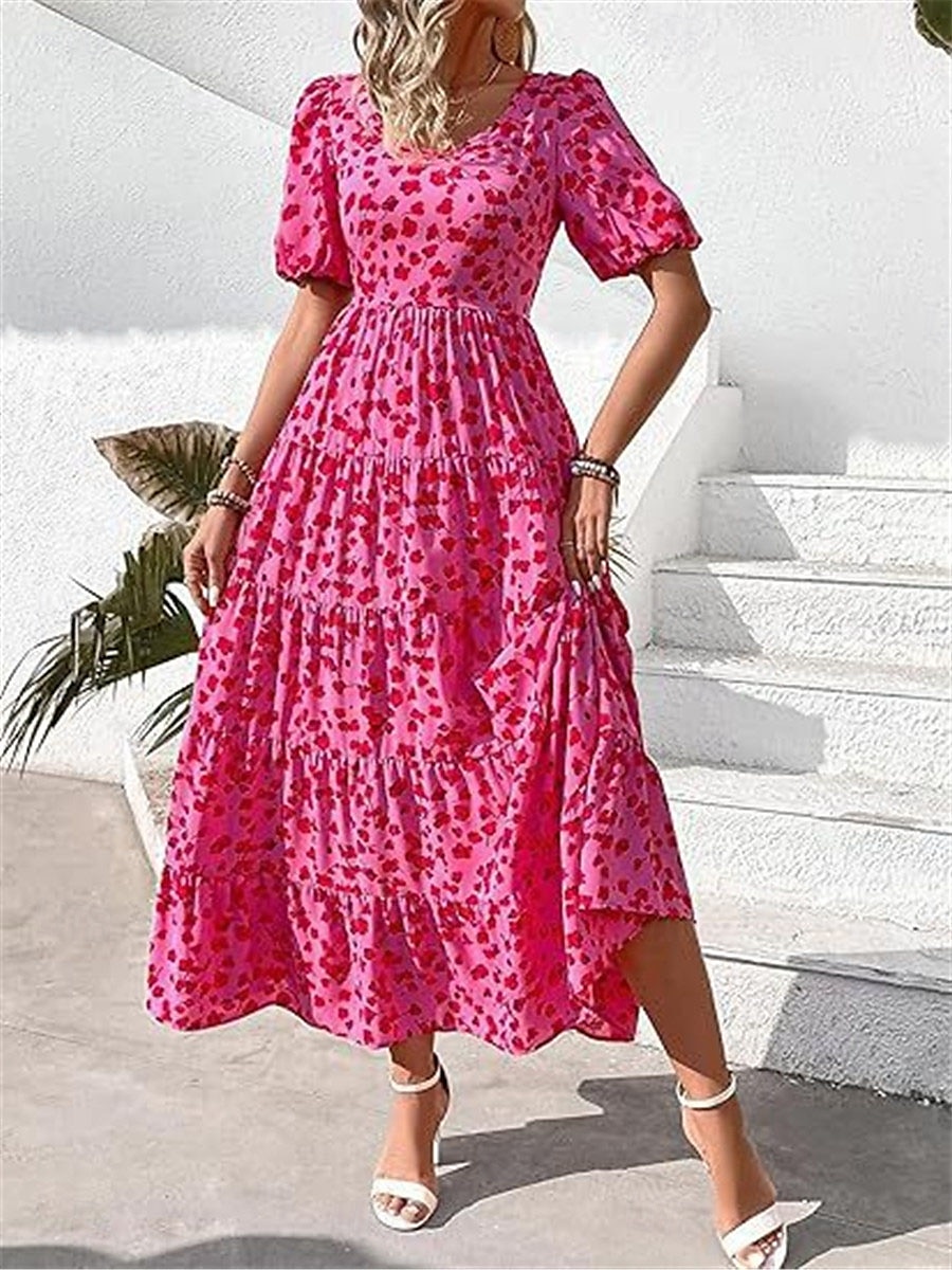 abito lungo da donna leopardato con scollo rotondo e maniche corte estate primavera del 2026 a $31.99 –P4