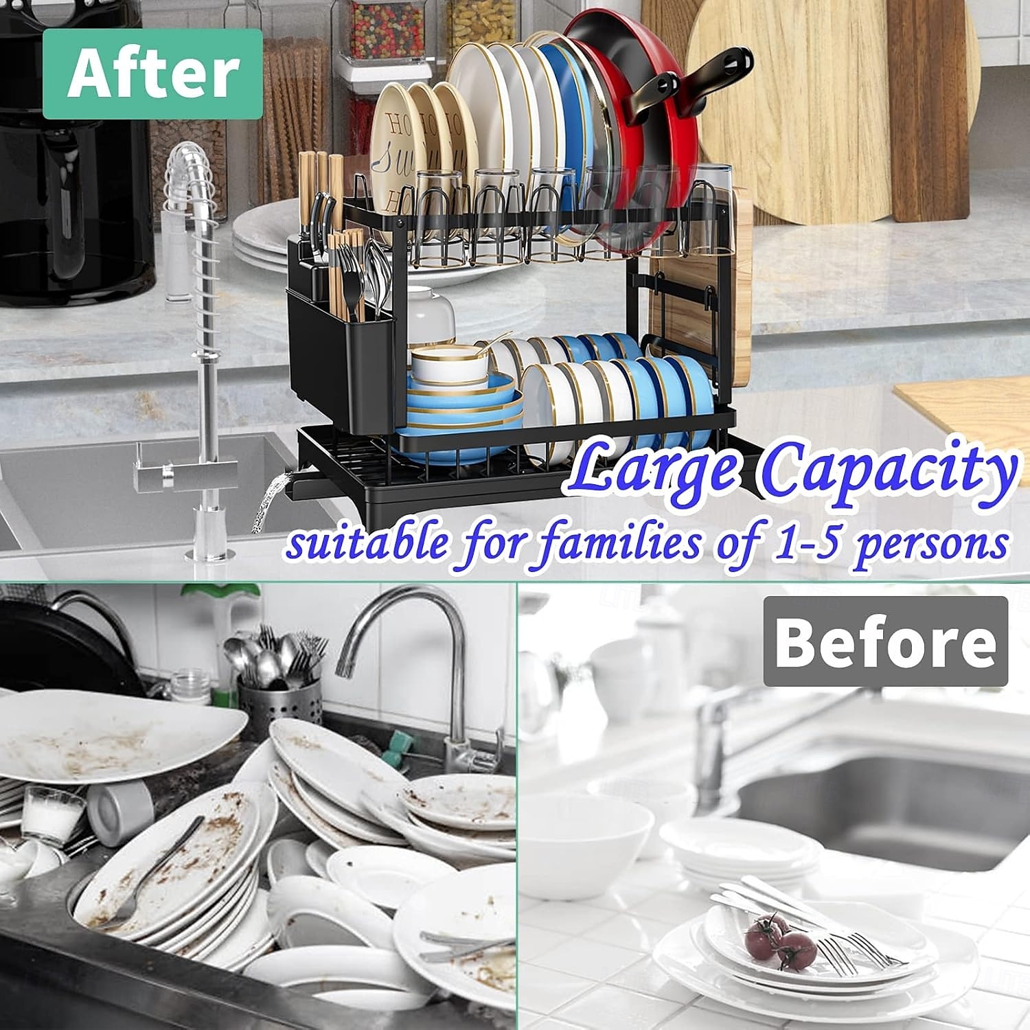 Tableware drying rack 2-layer utensil drain rack with detachable utensil rack and swivel joint durable high carbon steel material larger capacity easy to install black 2025 - $61.99 –P7