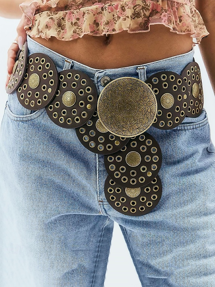 Women's Brown Faux Leather Belt with Perforated Circles and Intricate Metal Buckle - Bohemian Chic Fashion Accessory 2025 - $18.99 –P2