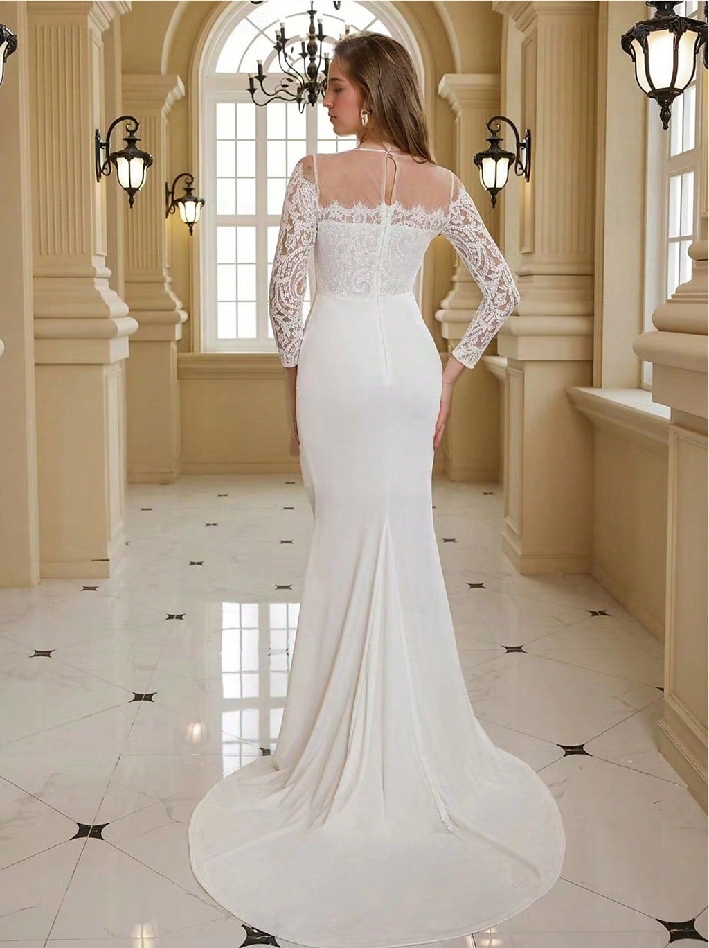 Brautkleider Meerjungfrau/Trompete Illusionsausschnitt Langarm Bodenlange Brautkleider aus Spitze mit Applikationen 2025 2025 - $126.99 –P2