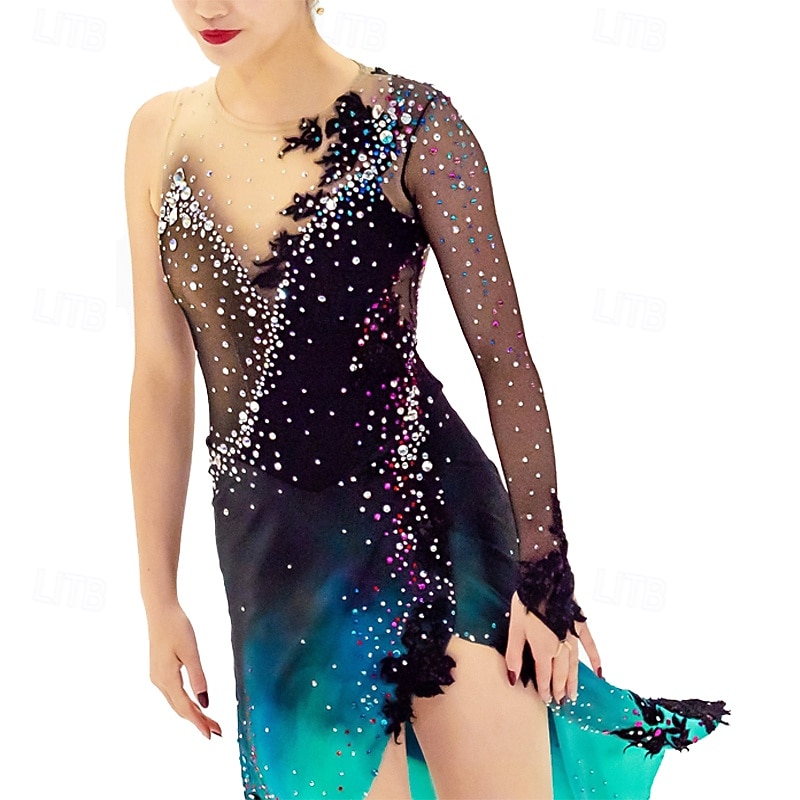 Vestidos para Patinação Artística Mulheres Para Meninas Patinação no Gelo Vestidos Preto Patchwork Thumbhole Com Transparência Elastano Com Stretch Treino Ensaio / Prática Profissional Roupa para de 2026 por $249.29 –P2