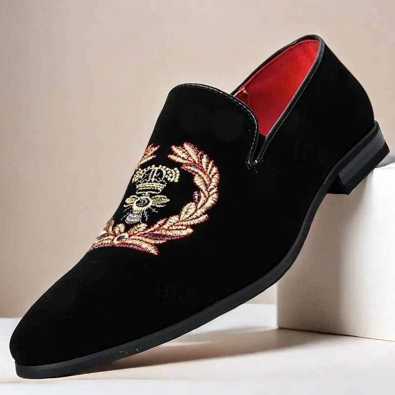 pánské černé sametové vyšívané mokasíny s královským designem koruny – luxusní slip-on společenské boty na formální události a večírky 2025 - $54.99 –P1