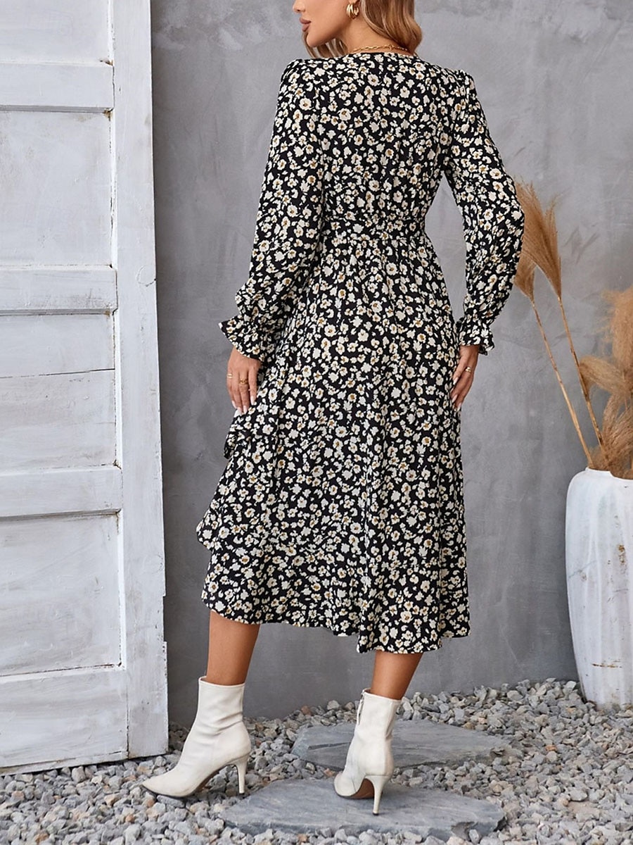 Femme Robe mi-longue Robe casual Robe Évasée Robe Portefeuille Robe Trapèze Décontractées du quotidien Standard Floral manche longue Col V Noir Violet Vert Eté Printemps Automne de 2025 ? $41.99 –P11